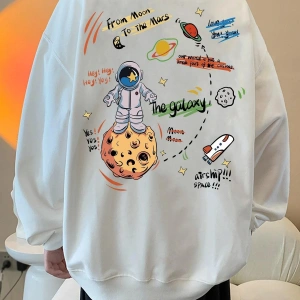 Unisex Kadın/Erkek Beyaz Galaxy Oversize Bisiklet Yaka Pamuklu Sweatshirt