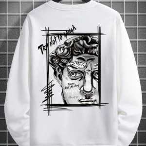 Unisex Kadın/Erkek Beyaz Sanat Oversize Bisiklet Yaka Pamuklu Sweatshirt