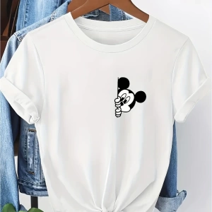 Unisex Kadın Erkek Mickey Mous Özel Baskılı Oversize Pamuk Penye T-shirt Açık gri