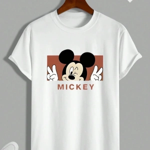 Unisex Kadın Erkek Mickey Mous Özel Baskılı Oversize Pamuk Penye T-shirt Açık gri