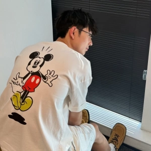 Unisex Kadın Erkek Mickey Mous Özel Baskılı Oversize Pamuk Penye T-shirt Açık gri
