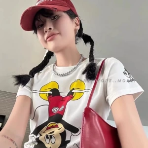 Unisex Kadın Erkek Mickey Mous Özel Baskılı Oversize Pamuk Penye T-shirt Açık gri