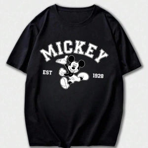 Unisex Kadın Erkek Mickey Mous Özel Baskılı Oversize Pamuk Penye T-shirt Açık gri
