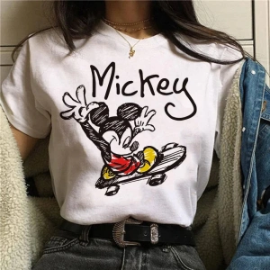 Unisex Kadın Erkek Mickey Mous Özel Baskılı Oversize Pamuk Penye T-shirt Açık gri