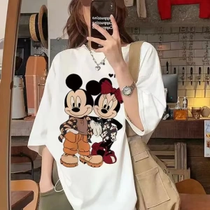 Unisex Kadın Erkek Mickey Mous Özel Baskılı Oversize Pamuk Penye T-shirt Açık gri