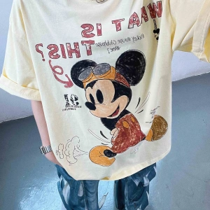Unisex Kadın Erkek Mickey Mous Özel Baskılı Oversize Pamuk Penye T-shirt Açık gri