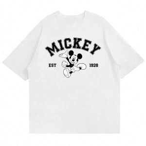 Unisex Kadın Erkek Mickey Mous Özel Baskılı Oversize Pamuk Penye T-shirt Açık gri
