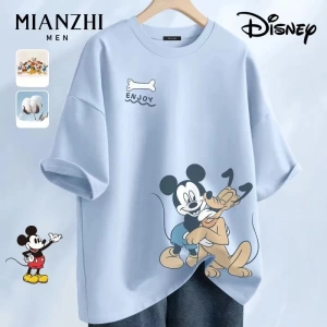 Unisex Kadın Erkek Mickey Mous Özel Baskılı Oversize Pamuk Penye T-shirt Açık gri