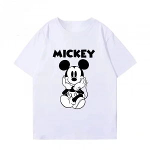 Unisex Kadın Erkek Mickey Mous Özel Baskılı Oversize Pamuk Penye T-shirt Açık gri