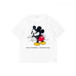 Unisex Kadın Erkek Mickey Mous Özel Baskılı Oversize Pamuk Penye T-shirt Açık gri
