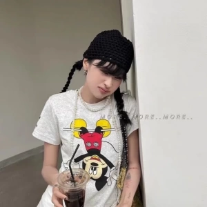 Unisex Kadın Erkek Mickey Mous Özel Baskılı Oversize Pamuk Penye T-shirt Açık gri