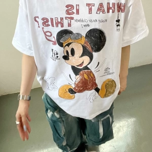 Unisex Kadın Erkek Mickey Mous Özel Baskılı Oversize Pamuk Penye T-shirt Açık gri