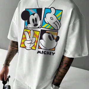 Unisex Kadın Erkek Mickey Mous Özel Baskılı Oversize Pamuk Penye T-shirt Açık gri