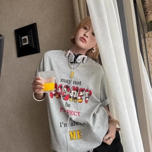 Unisex Kadın Erkek Mickey Mous Özel Baskılı Oversize Pamuk Penye T-shirt Açık gri