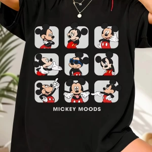 Unisex Kadın Erkek Mickey Mous Özel Baskılı Oversize Pamuk Penye T-shirt Açık gri