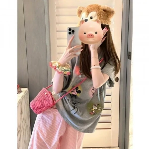 Unisex Kadın Erkek Mickey Mous Özel Baskılı Oversize Pamuk Penye T-shirt Açık gri