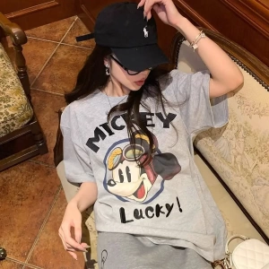 Unisex Kadın Erkek Mickey Mous Özel Baskılı Oversize Pamuk Penye T-shirt Açık gri