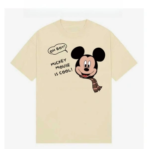 Unisex Kadın Erkek Mickey Mous Özel Baskılı Oversize Pamuk Penye T-shirt Bej