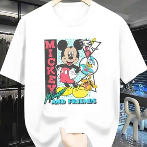 Unisex Kadın Erkek Mickey Mous Özel Baskılı Oversize Pamuk Penye T-shirt Beyaz