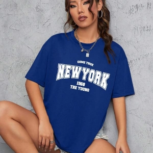 Unisex Kadın/Erkek NEW YORK Özel Baskılı Renkli Oversize Penye T-Shirt