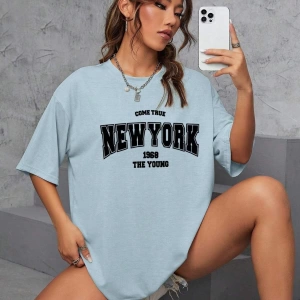 Unisex Kadın/Erkek NEW YORK Özel Baskılı Renkli Oversize Penye T-Shirt
