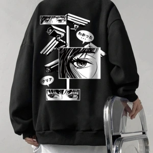 Unisex Kadın/Erkek Siyah Anime Oversize Bisiklet Yaka Pamuklu Sweatshirt
