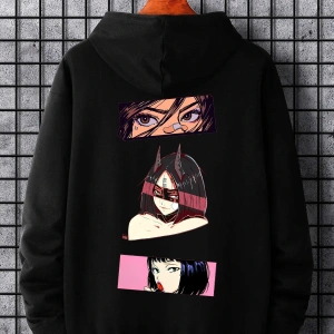 Unisex Kadın/Erkek Siyah Anime Oversize Bisiklet Yaka Pamuklu Sweatshirt