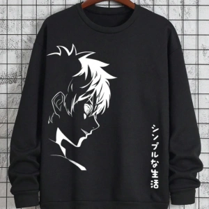 Unisex Kadın/Erkek Siyah Anime Yaşam Oversize Bisiklet Yaka Pamuklu Sweatshirt