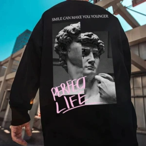 Unisex Kadın/Erkek Siyah Perfect Life Oversize Bisiklet Yaka Pamuklu Sweatshirt
