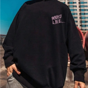 Unisex Kadın/Erkek Siyah Perfect Life Oversize Bisiklet Yaka Pamuklu Sweatshirt