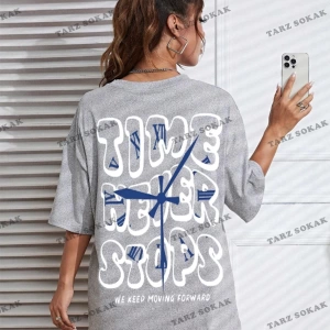 Unisex Kadın/Erkek Time Never Stops Renkli Özel Baskılı Oversize Pamuk Penye