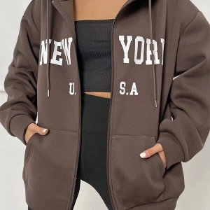 Unisex Kahverengi Newyork Baskılı Oversize Hırka newyork2022 Kahverengi