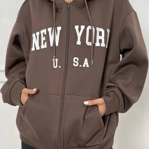 Unisex Kahverengi Newyork Baskılı Oversize Hırka newyork2022 Kahverengi