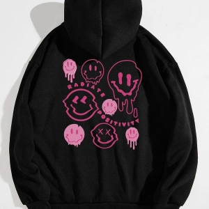 Unisex Kapüşonlu Radiate Baskılı Oversize Kapüşonlu Sweatshirt Siyah