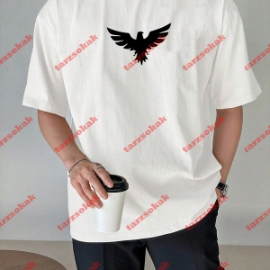 Unisex Kartal Baskılı Tshirt Beyaz