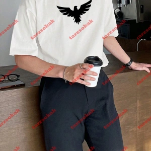 Unisex Kartal Baskılı Tshirt Beyaz