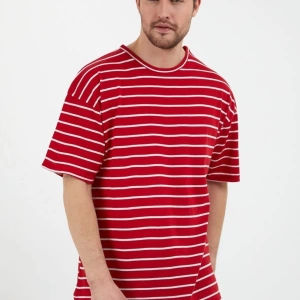 Unisex Kırmızı Beyaz Çizgili Oversize Tshirt