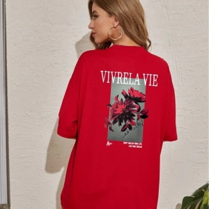 Unisex Kırmızı Vivre La Vie Baskılı Oversize Bisiklet Yaka Penye Tişört