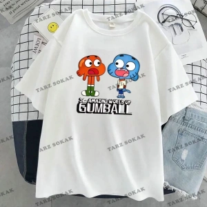 Unisex Kız/Erkek Gumball Özel Baskılı Kız/erkek Çocuk Penye Bisiklet Yaka