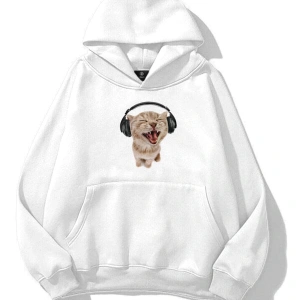 Unisex Kulaklıklı Kedi Sweatshirt Beyaz