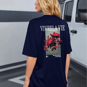 Unisex Lacivert Vivre La Vie Baskılı Oversize Bisiklet Yaka Penye Tişört