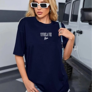Unisex Lacivert Vivre La Vie Baskılı Oversize Bisiklet Yaka Penye Tişört