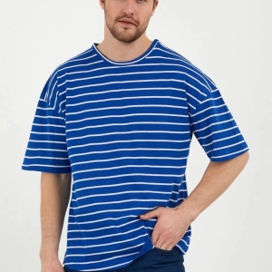 Unisex Mavi Beyaz Çizgili Oversize Tshirt
