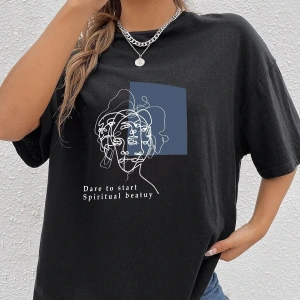 Unisex Minimal Line Drawing Baskılı T-shirt