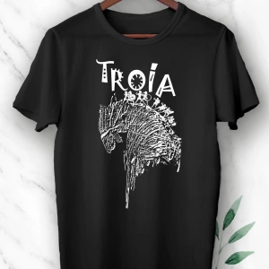 Unisex Mitoloji Truva Atı Baskılı Siyah T-Shirt