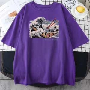 Unisex Mor Japon Dalga Baskılı Oversize Bisiklet Yaka T-shirt