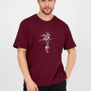 Unisex Mürdüm Bordo Önü Uçan Balon Baskılı Bol Kesim Oversize Pamuklu Tshirt