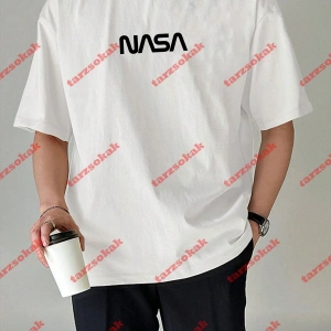 Unisex Nasa Baskılı Tshirt Beyaz