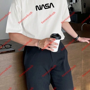 Unisex Nasa Baskılı Tshirt Beyaz