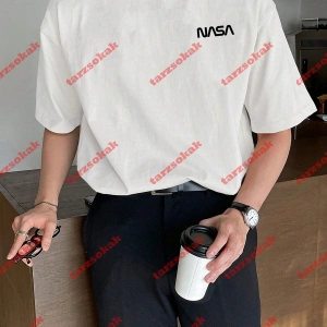 Unisex Nasaa Baskılı Tshirt Beyaz